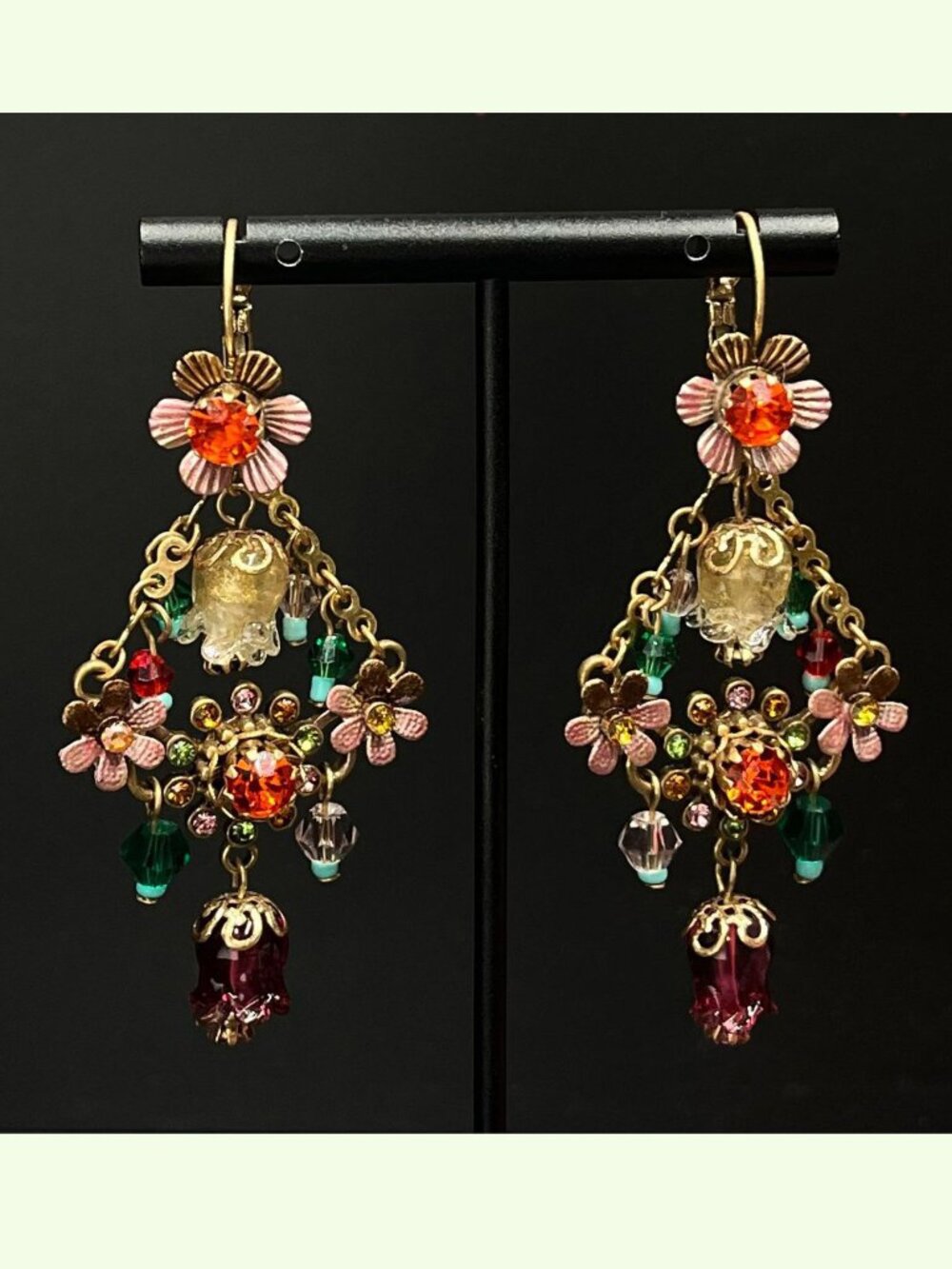 Vintage Style Floral Chandelier Earrings Crystal Gold Tone Dangle